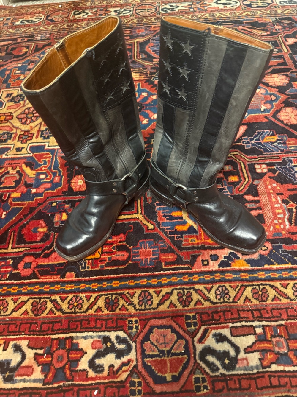 Frye Black Leather Harness Boots with Flag Patchwork